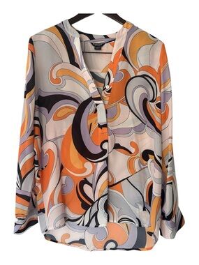 Marciano Abstract Swirl Print Long-Sleeve Blouse Orange & Lavender - Size XS